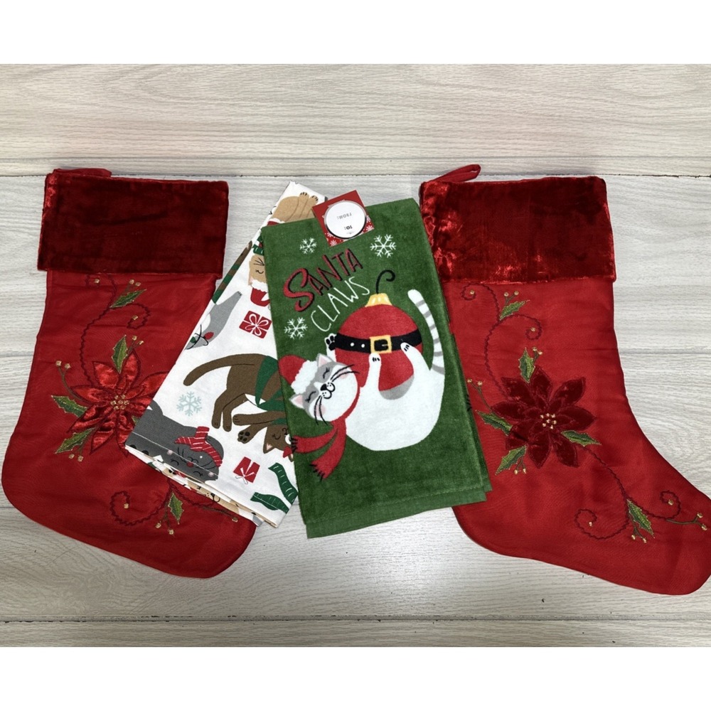 Poinsettia‎ Christmas Stockings (Set Of 2) & Cat Dish Towels (Set Of 2)